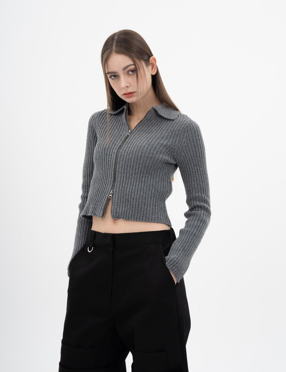 CASHMERE RIBBED TWO WAY KNIT ZIPPER CARDIGAN