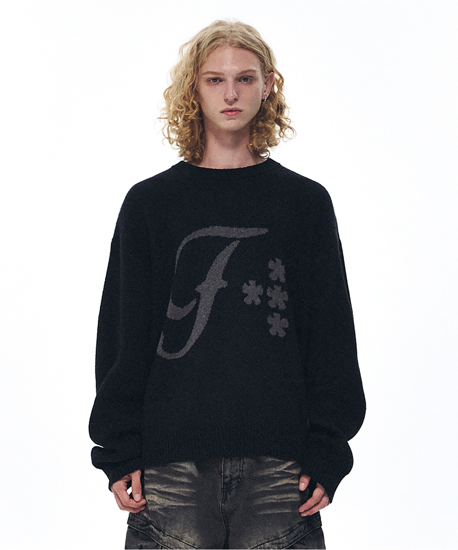F Cross Jacquard Knit Sweater - Black