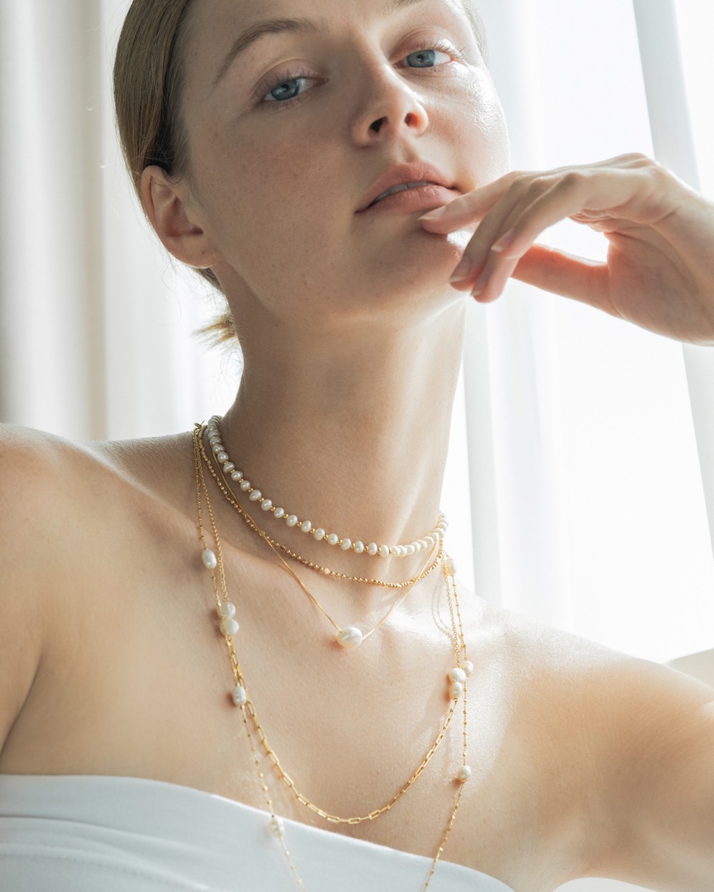 납작 담수 투체인 목걸이 Flat pearl two chain necklace