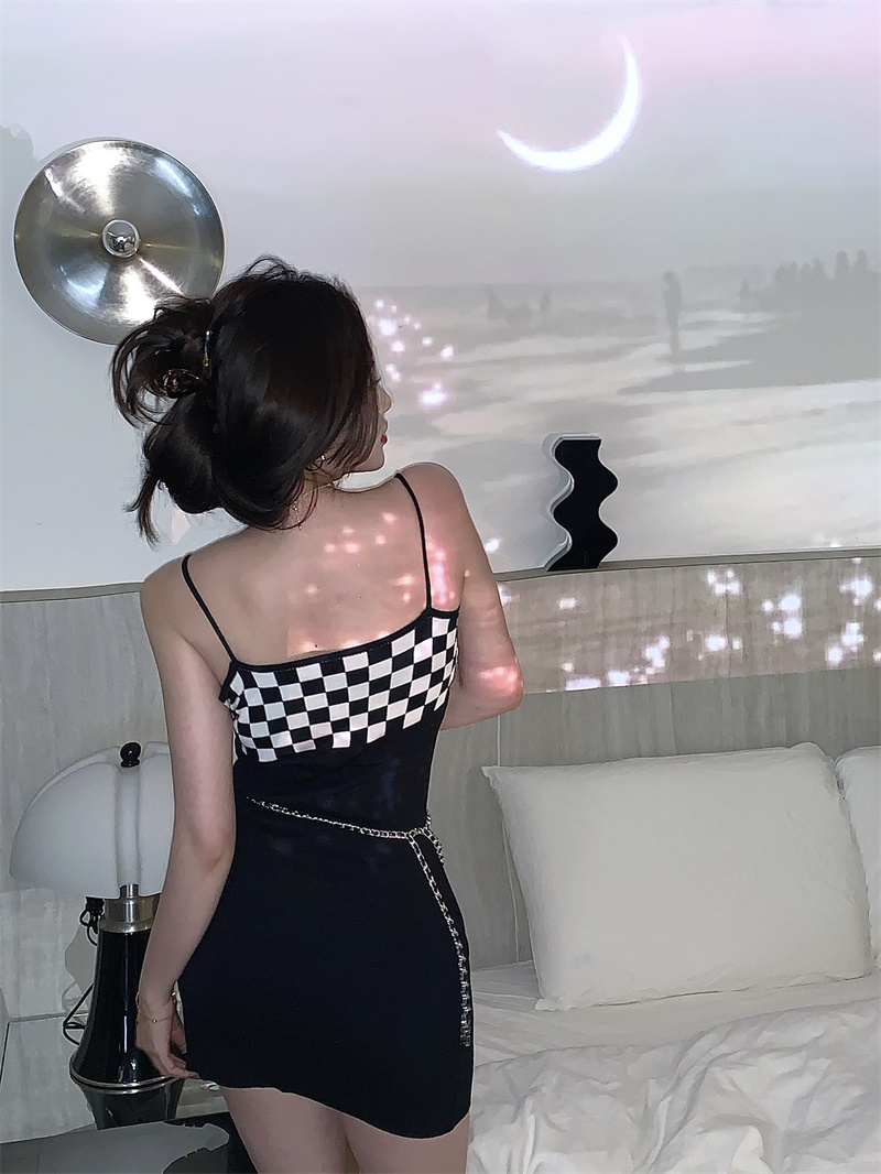 [섹시/클럽] 타이트 슬림 헌팅 룩 유니크 체커보드 체스판 끈 나시 스판 원피스 뷔스티에 글램 드레스