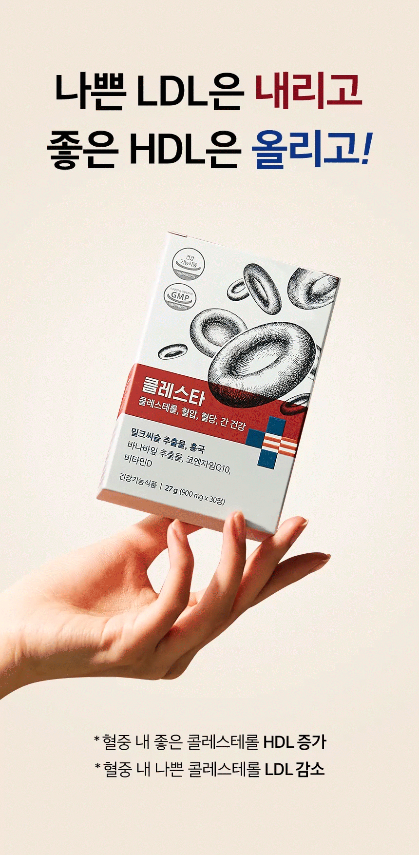 나쁜 LDL은 내리고 좋은 HDL은 올리고! 콜레스타 콜레스테롤, 혈압, 혈당, 간 건강. 밀크씨슬 추출물, 홍국, 바나바잎 추출물, 코엔자임Q10, 비타민D. 건강기능식품 27 g (900 mg x 30정). 혈중 내 좋은 콜레스테롤 HDL 증가. 혈중 내 나쁜 콜레스테롤 LDL 감소.