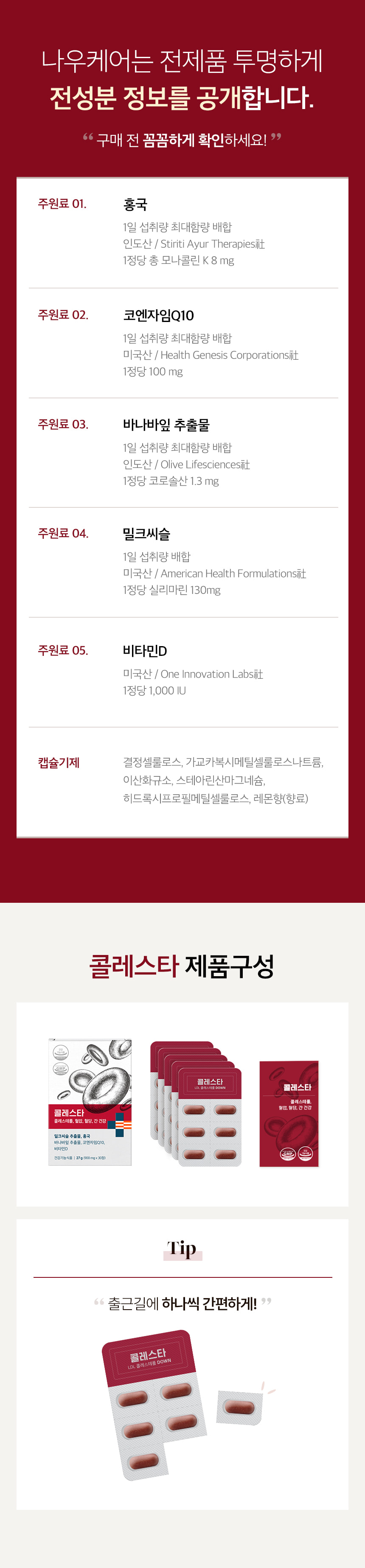 나우케어는 전제품 투명하게 전성분 정보를 공개합니다. 구매 전 꼼꼼하게 확인하세요! 주원료 01 홍국 인도산 Stiriti Ayur Therapies社 1정당 총 모나콜린 K 8 mg. 주원료 02 코엔자임Q10 미국산 Health Genesis Corporations社 1정당 100 mg. 주원료 03 바나바잎 추출물 인도산 Olive Lifesciences社 1정당 코로솔산 1.3 mg. 주원료 04 밀크씨슬 미국산 American Health Formulations社 1정당 실리마린 130mg. 주원료 05 비타민D 미국산 One Innovation Labs社 1정당 1,000 IU. 콜레스타 제품구성. Tip 출근길에 하나씩 간편하게!