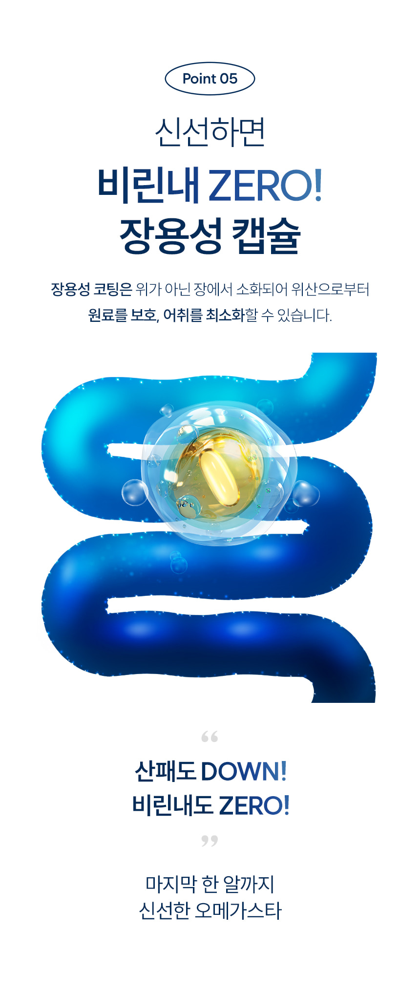 Point 05 신선하면 비린내 ZERO! 장용성 캡슐. 장용성 코팅은 위가 아닌 장에서 소화되어 위산으로부터 원료를 보호, 어취를 최소화할 수 있습니다. 산패도 DOWN! 비린내도 ZERO! 마지막 한 알까지 신선한 오메가스타.