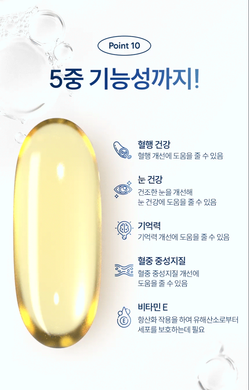Point 10 5중 기능성까지! 혈행 건강 혈행 개선에 도움을 줄 수 있음. 눈 건강 건조한 눈을 개선해 눈 건강에 도움을 줄 수 있음. 기억력 기억력 개선에 도움을 줄 수 있음. 혈중 중성지질 혈중 중성지질 개선에 도움을 줄 수 있음. 비타민 E 항산화 작용을 하여 유해산소로부터 세포를 보호하는데 필요.