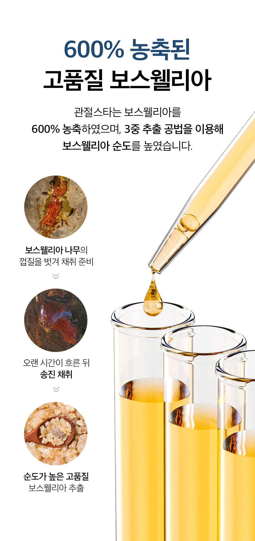 600% 농축된 고품질 보스웰리아. 관절스타는 보스웰리아를 600% 농축하였으며, 3중 추출 공법을 이용해 보스웰리아 순도를 높였습니다. 보스웰리아 나무의 껍질을 벗겨 채취 준비, 오랜 시간이 흐른 뒤 송진 채취, 순도가 높은 고품질 보스웰리아 추출.