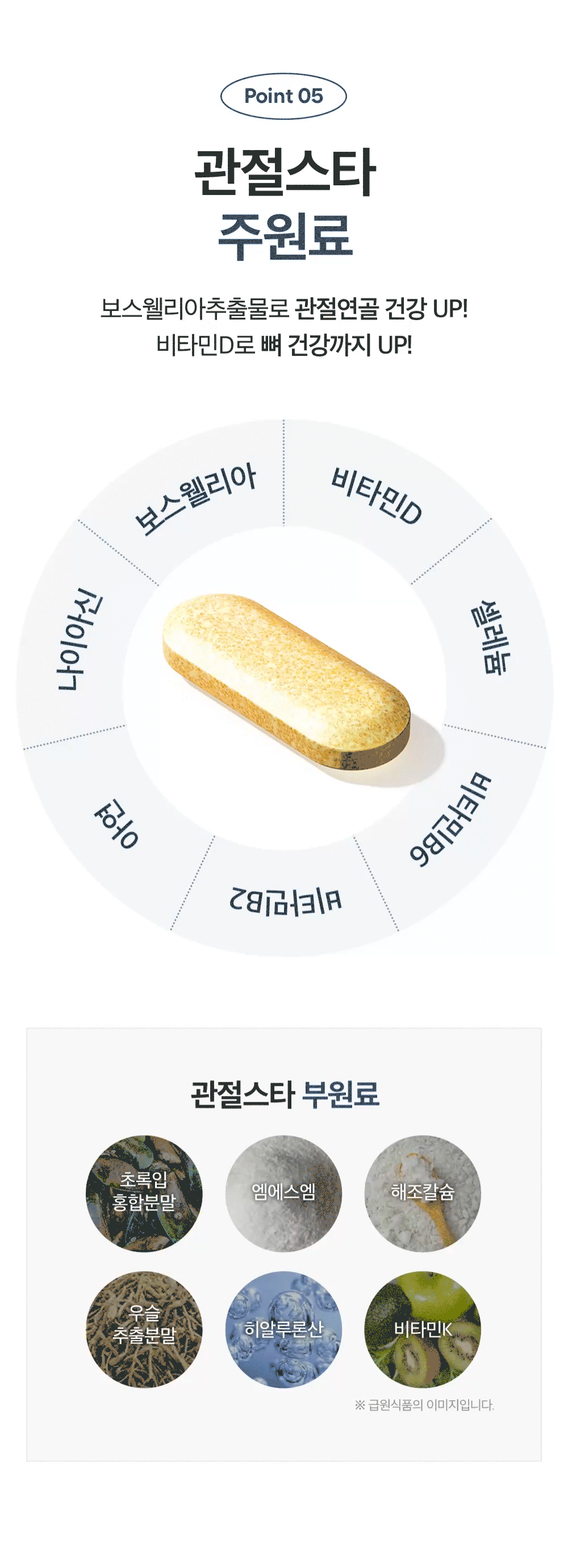 Point 05 관절스타 주원료. 보스웰리아추출물로 관절연골 건강 UP! 비타민D로 뼈 건강까지 UP! 주원료 — 보스웰리아, 비타민D, 셀레늄, 비타민B6, 비타민B2, 아연, 나이아신. 관절스타 부원료 — 초록입 홍합분말, 엠에스엠, 해조칼슘, 우슬 추출분말, 히알루론산, 비타민K. 급원식품의 이미지입니다.