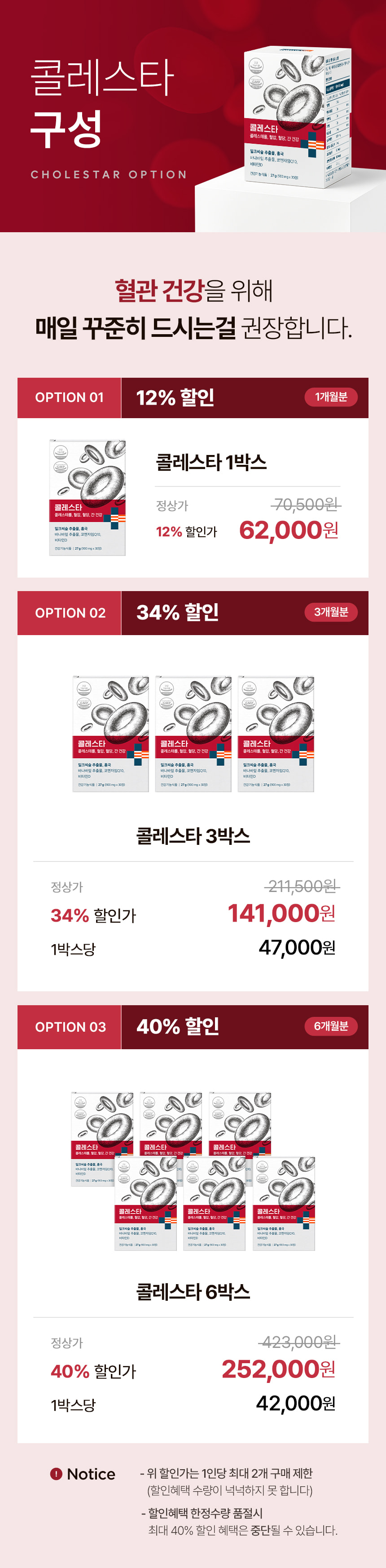 콜레스타 구성 CHOLESTAR OPTION. 혈관 건강을 위해 매일 꾸준히 드시는걸 권장합니다. OPTION 01 12% 할인 1개월분 콜레스타 1박스 정상가 70,500원 12% 할인가 62,000원. OPTION 02 34% 할인 3개월분 콜레스타 3박스 정상가 211,500원 34% 할인가 141,000원 1박스당 47,000원. OPTION 03 40% 할인 6개월분 콜레스타 6박스 정상가 423,000원 40% 할인가 252,000원 1박스당 42,000원.