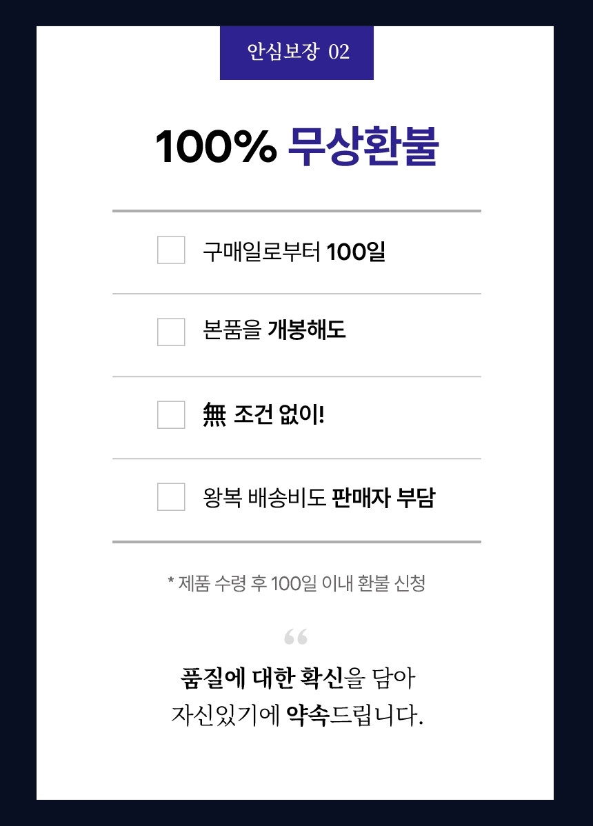 안심보장 02 100% 무상환불. 구매일로부터 100일. 본품을 개봉해도. 無 조건 없이! 왕복 배송비도 판매자 부담. 제품 수령 후 100일 이내 환불 신청. 품질에 대한 확신을 담아 자신있기에 약속드립니다.