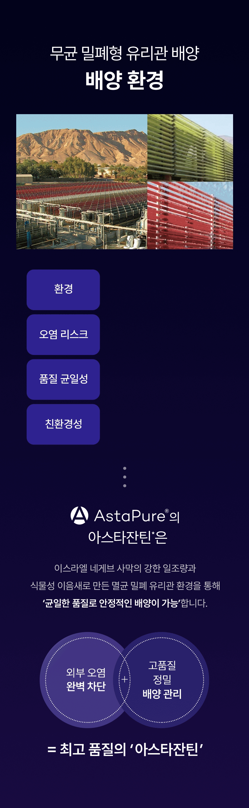 무균 밀폐형 유리관 배양. 배양 환경 — 환경 자연광(태양), 오염 리스크 없음, 품질 균일성 안정적, 친환경성 높음. AstaPure의 아스타잔틴은 이스라엘 네게브 사막의 강한 일조량과 식물성 이음새로 만든 멸균 밀폐 유리관 환경을 통해 균일한 품질로 안정적인 배양이 가능합니다. 외부 오염 완벽 차단 + 고품질 정밀 배양 = 최고 품질의 아스타잔틴.