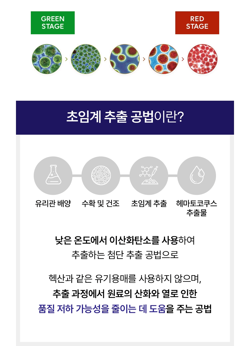 GREEN STAGE에서 RED STAGE로. 초임계 추출 공법이란? 유리관 배양, 수확 및 건조, 초임계 추출, 헤마토코쿠스 추출물. 낮은 온도에서 이산화탄소를 사용하여 추출하는 첨단 추출 공법으로 헥산과 같은 유기용매를 사용하지 않으며, 추출 과정에서 원료의 산화와 열로 인한 품질 저하 가능성을 줄이는 데 도움을 주는 공법.