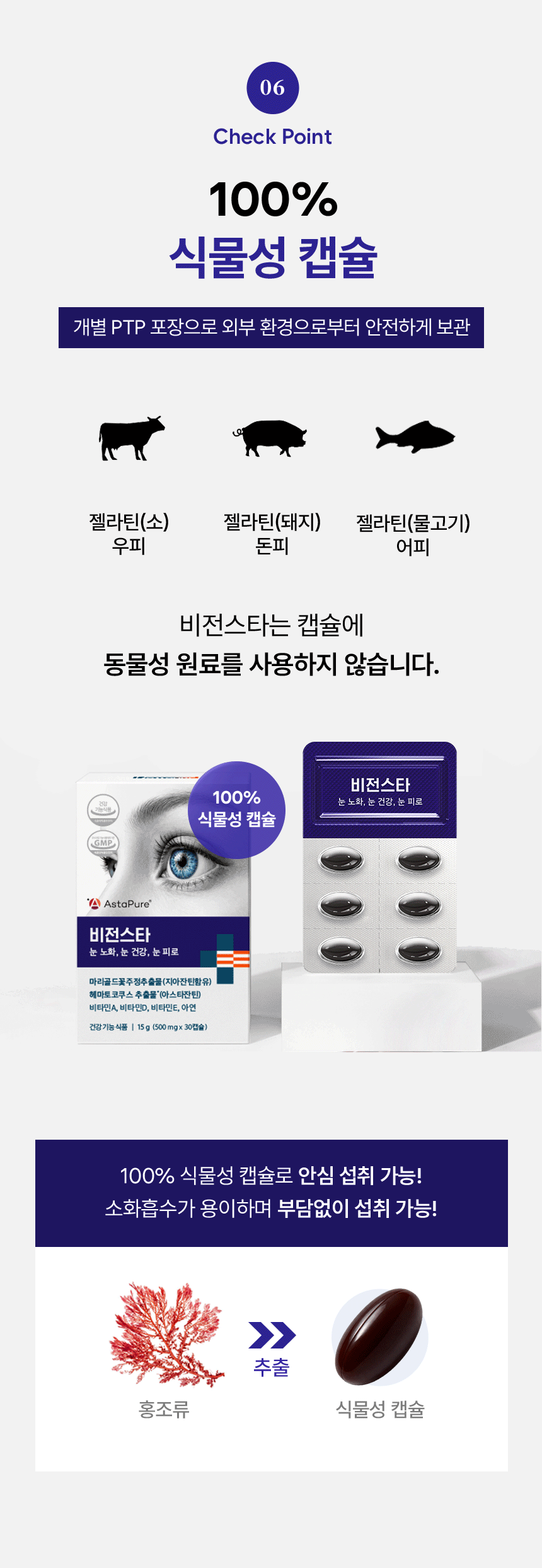 06 Check Point. 100% 식물성 캡슐. 개별 PTP 포장으로 외부 환경으로부터 안전하게 보관. 젤라틴(소) 우피, 젤라틴(돼지) 돈피, 젤라틴(물고기) 어피 사용하지 않음. 비전스타는 캡슐에 동물성 원료를 사용하지 않습니다. 100% 식물성 캡슐로 안심 섭취 가능! 소화흡수가 용이하며 부담없이 섭취 가능! 홍조류에서 추출한 식물성 캡슐.