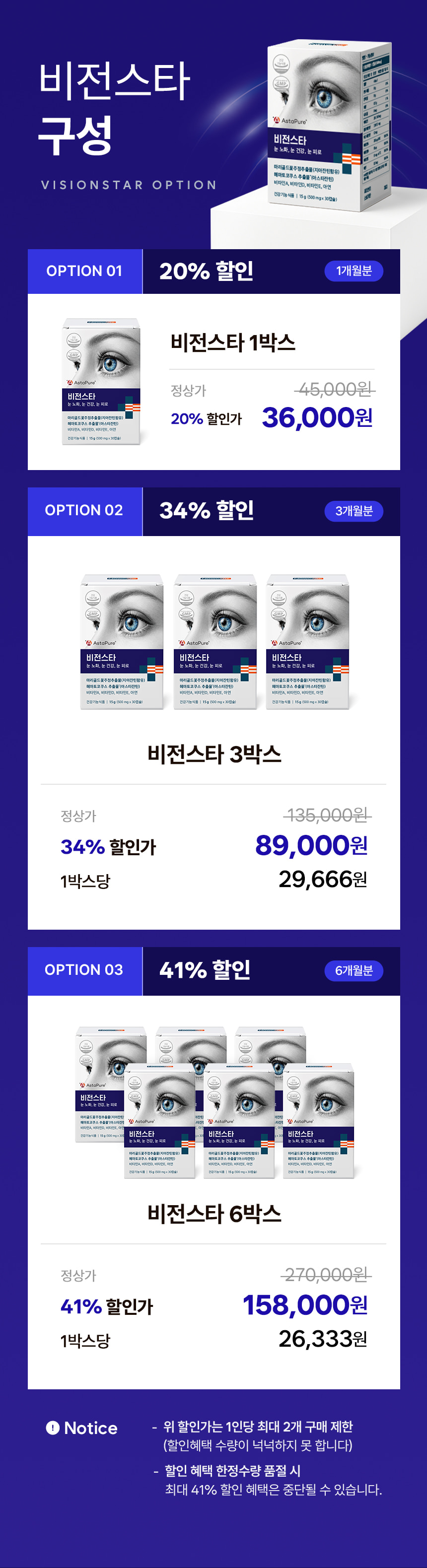 비전스타 구성 VISIONSTAR OPTION. OPTION 01 20% 할인 1개월분 비전스타 1박스 정상가 45,000원 20% 할인가 36,000원. OPTION 02 34% 할인 3개월분 비전스타 3박스 정상가 135,000원 34% 할인가 89,000원 1박스당 29,666원. OPTION 03 41% 할인 6개월분 비전스타 6박스 정상가 270,000원 41% 할인가 158,000원 1박스당 26,333원. Notice 위 할인가는 1인당 최대 2개 구매 제한. 할인 혜택 한정수량 품절 시 최대 41% 할인 혜택은 중단될 수 있습니다.
