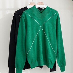 보테가베네타 남성 콘트라스트 X 라인 울 블렌드 니트 스웨터 2color (블랙/그린)
