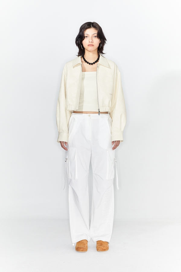 ダウンジャケット・コート +DEINET+ ECOLEATHER BOMBER BANDED JUMPER IN CREAM KDBJP4S311 ECO-LEATHER BOMBER BANDED JUMPER IN CREAM - DEINET