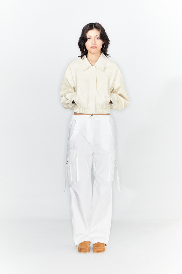 ◆DEINET◆ ECOLEATHER BOMBER BANDED JUMPER IN CREAM KDBJP4S3 ECO-LEATHER BOMBER BANDED JUMPER IN CREAM - DEINET