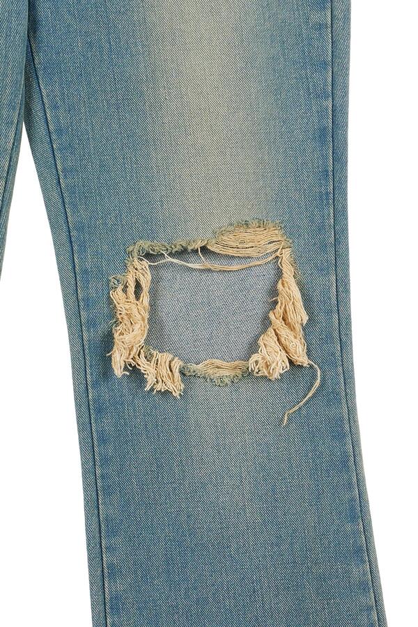 SCRATCH DAMAGE BOOTS-CUT DENIM PANTS IN BLUE - DEINET