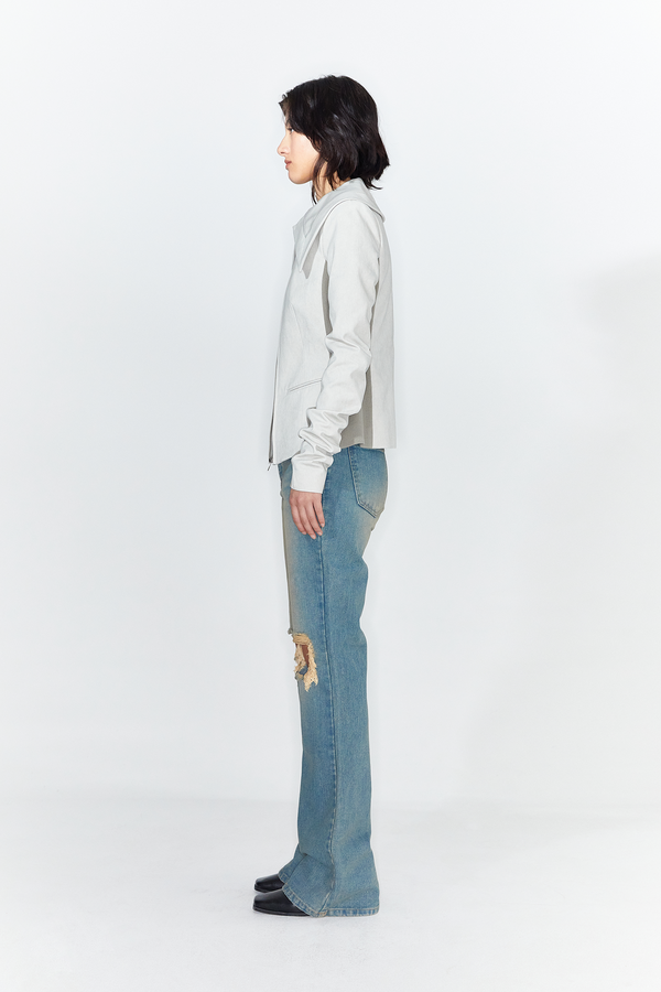 SCRATCH DAMAGE BOOTS-CUT DENIM PANTS IN BLUE - DEINET