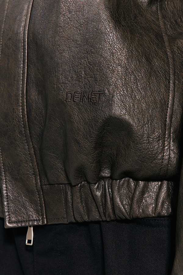 ◆DEINET◆ ECOLEATHER BOMBER BANDED JUMPER IN DARK BROWN KDB ECO-LEATHER BOMBER BANDED JUMPER FOR MEN IN DARK BROWN - DEINET