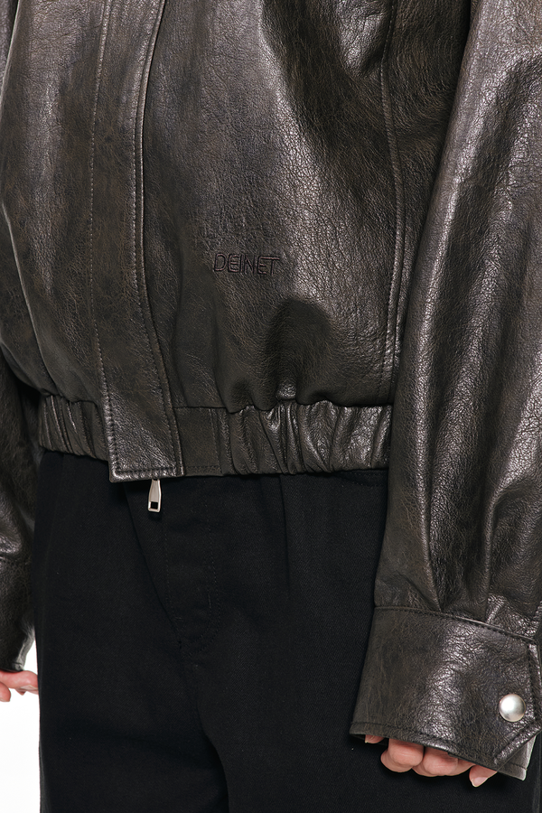 ◆DEINET◆ ECOLEATHER BOMBER BANDED JUMPER IN DARK BROWN KDB ECO-LEATHER BOMBER BANDED JUMPER FOR MEN IN DARK BROWN - DEINET