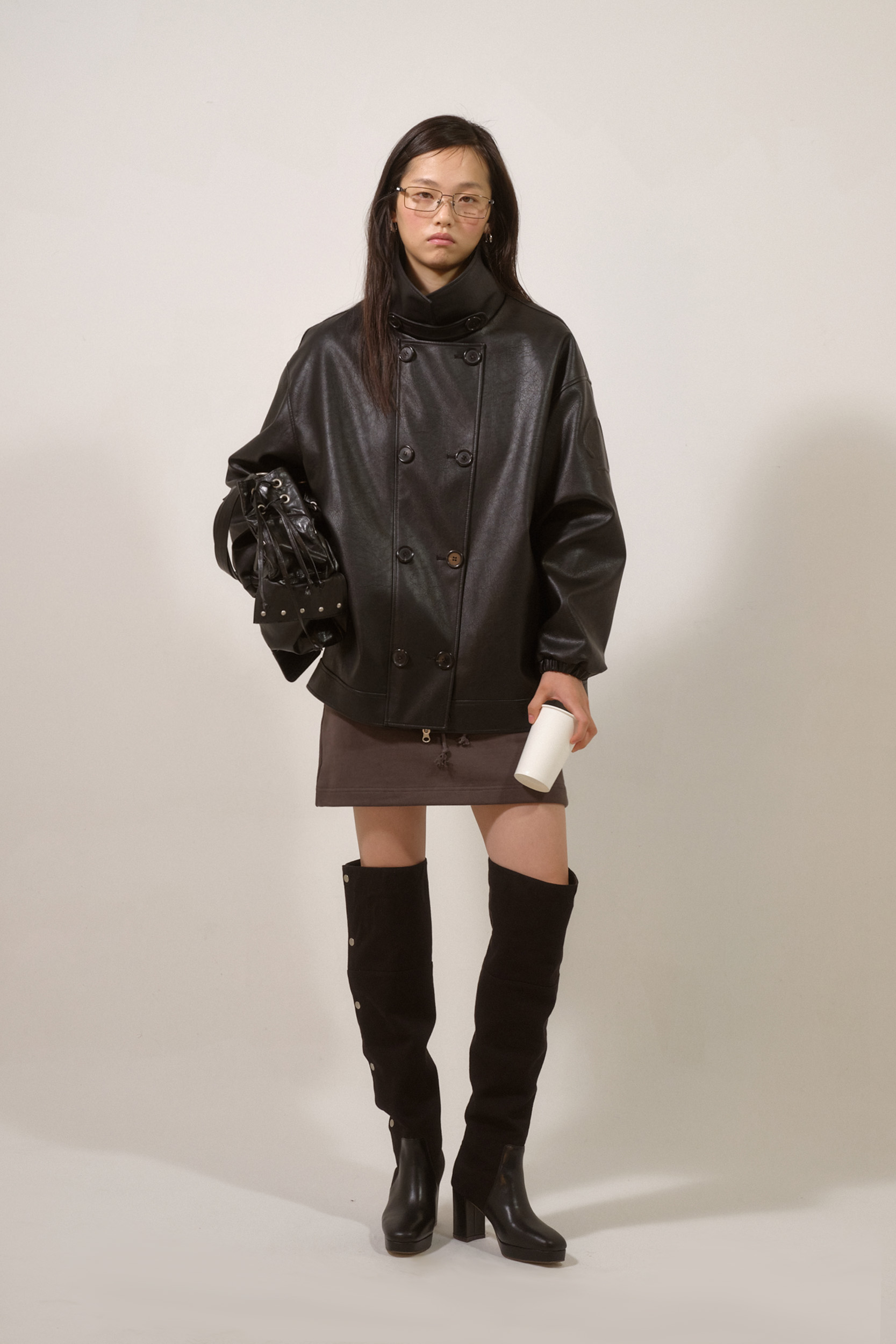 ◆DEINET◆ D HALF LEATHER JACKET IN BLACK KDPJI5S1311 D HALF LEATHER JACKET IN BLACK - DEINET