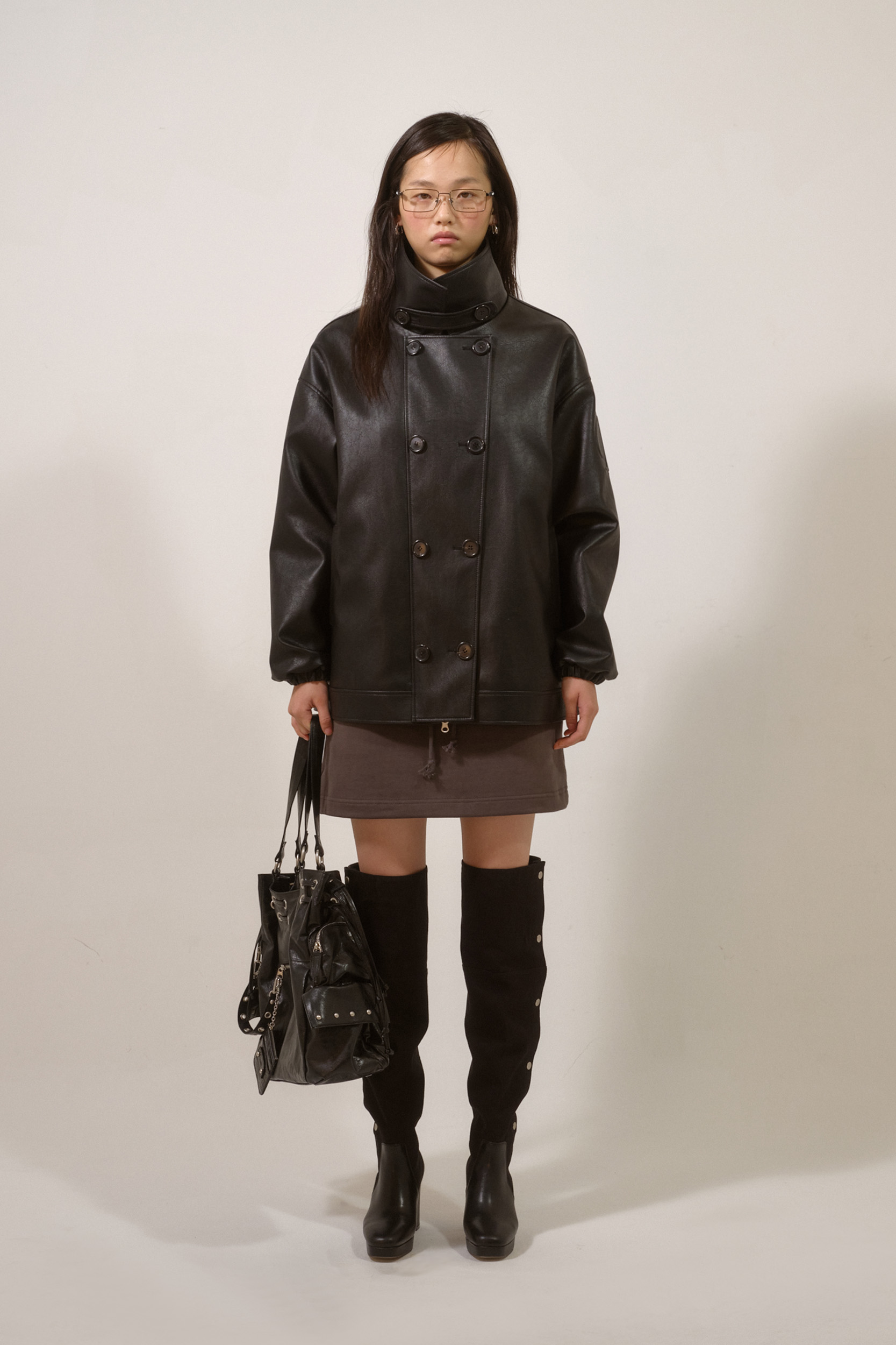 ◆DEINET◆ D HALF LEATHER JACKET IN BLACK KDPJI5S1311 D HALF LEATHER JACKET IN BLACK - DEINET