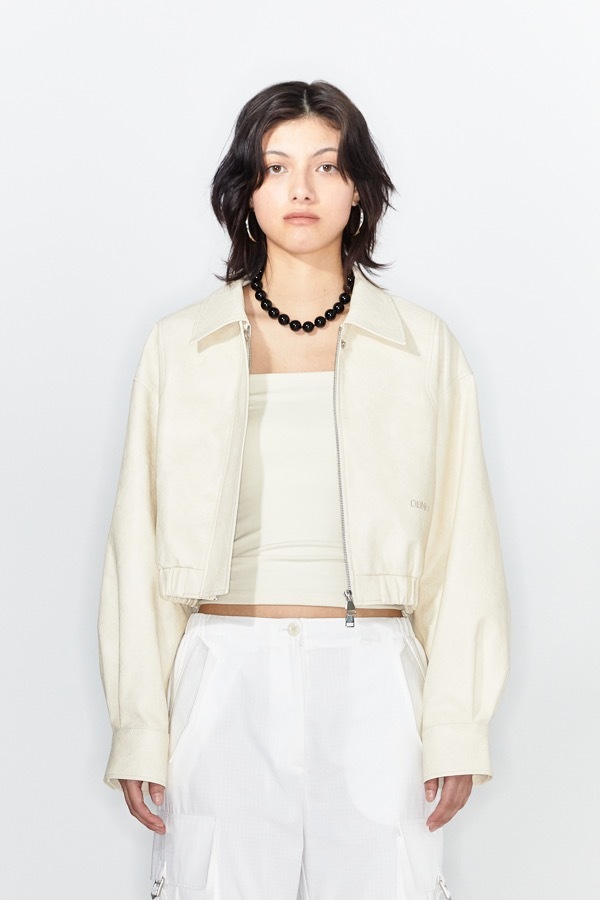 ECO-LEATHER BOMBER BANDED JUMPER IN CREAM - DEINET