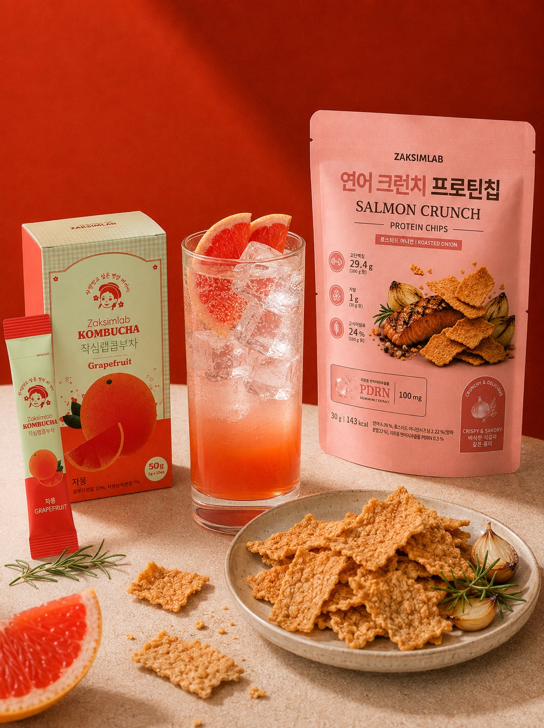 연어 크런치 프로틴칩과 콤부차 하이볼