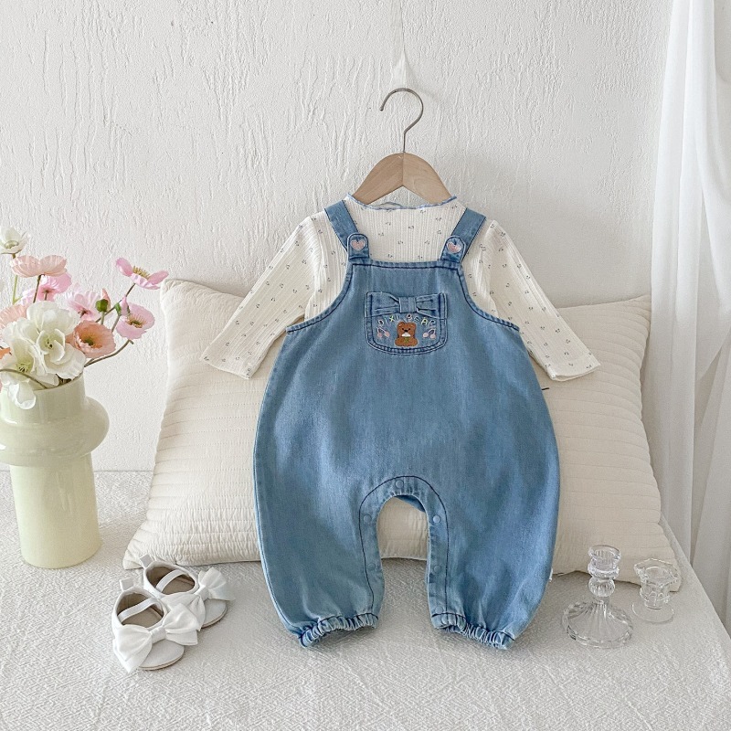 セット】くま刺繍 長袖Tシャツ＋デニムサロペットセット | Skyhug