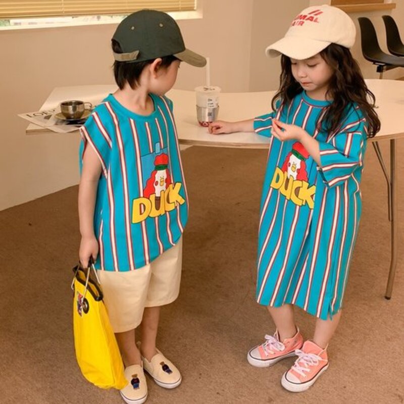 KID】アヒル柄ストライプ Tシャツ、ワンピース - 韓国子供服 - Sky