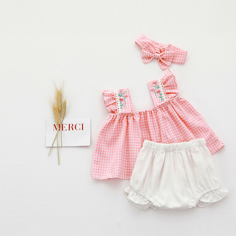 姉妹服】ギンガムチェック＆花柄刺繍 フリル ベビー服 ロンパース