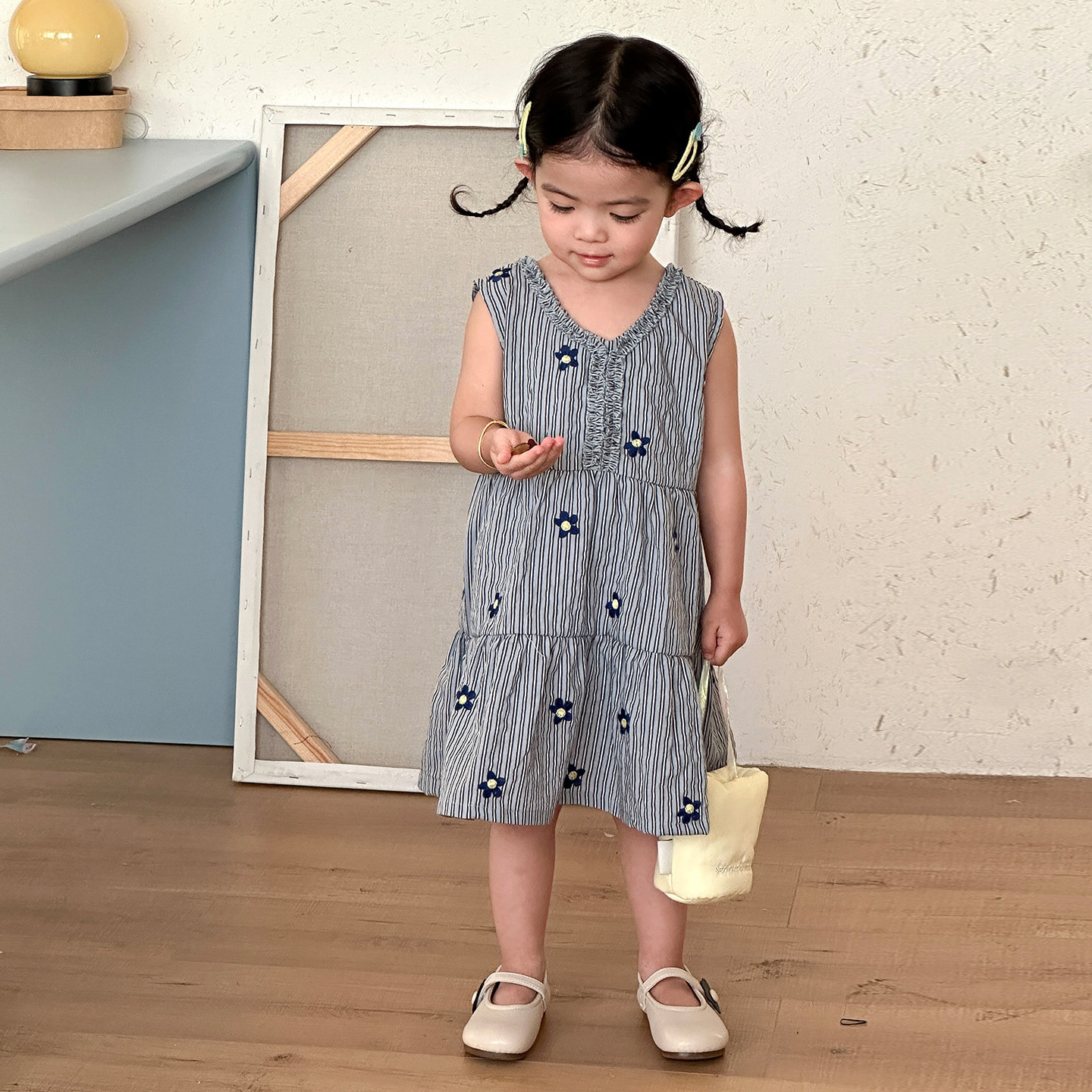 セット】小花刺繍 ストライプ柄 ノースリーブワンピース 