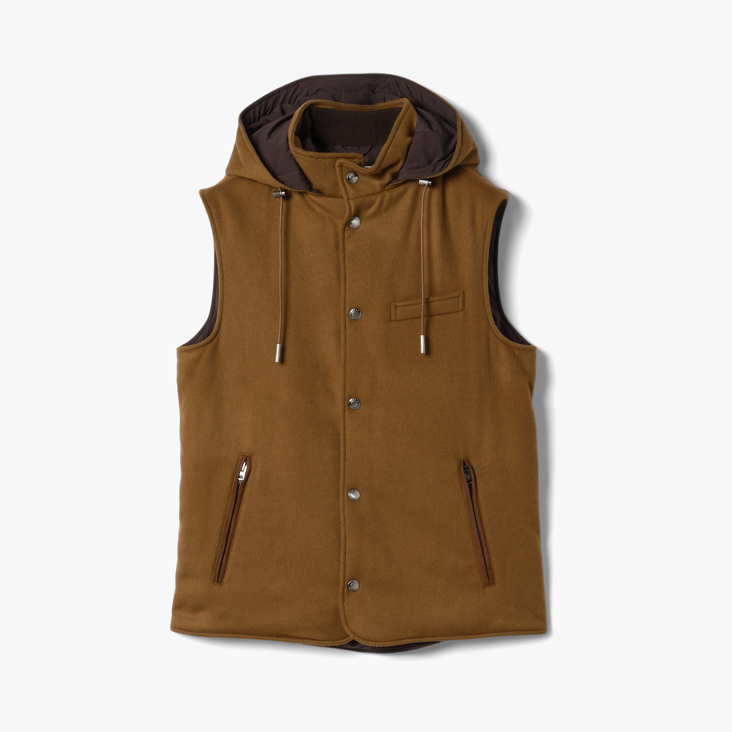 WOOL CASHMERE HOODIE VEST TOBACCO