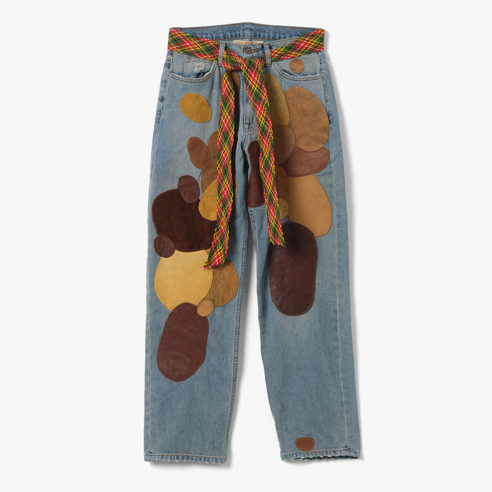 SCRAP LEATHER JEANS WASHED BLUE