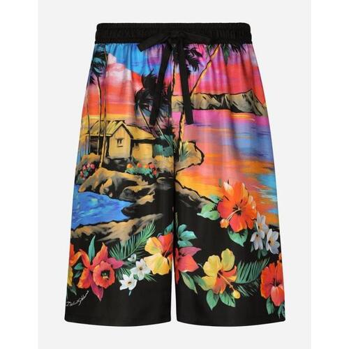 돌체앤가바나 남성 바지 데님 Silk twill jogging shorts with Hawaiian print GV37ATHI1IGHH4JL