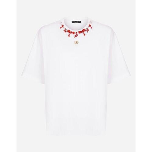 돌체앤가바나 남성 티셔츠 맨투맨 Cotton T shirt with coral necklace and DG patch G8NC5ZG7D1DW0800