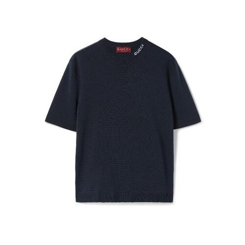 구찌 남성 니트웨어 787736 XKD2A 4137 Silk cotton T shirt with Gucci intarsia