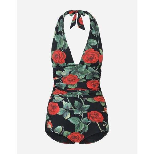 돌체앤가바나 여성 비치웨어 Rose print one piece swimsuit with plunging neckline O9A06JFSGXEHN2ZO