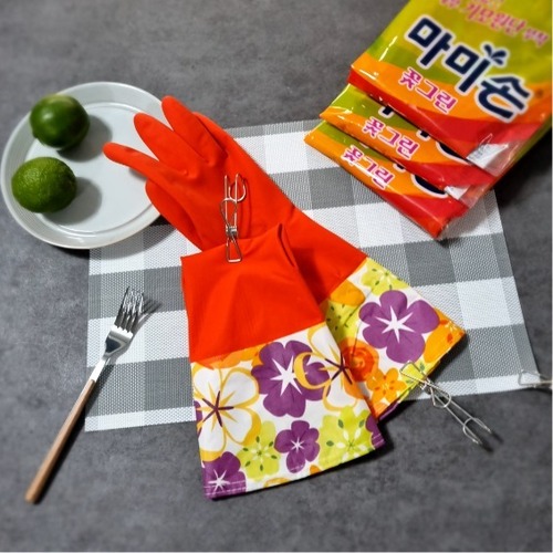 마미손 따뜻한 꽃그린 기모 고무장갑 빨강