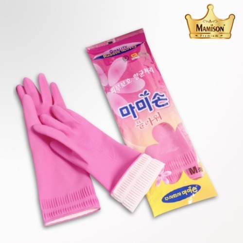 마미손 천연라텍스 항균처리 플라워 다용도 중형 고무장갑 분홍 M