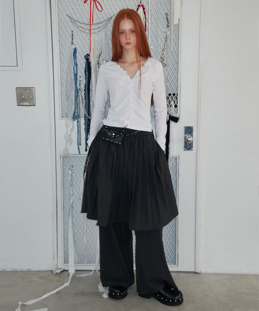 Stripe Pleated Skirt Layered Pants Charcoal - RENSE Stripe Pleated Skirt Layered Pants Charcoal - RENSE