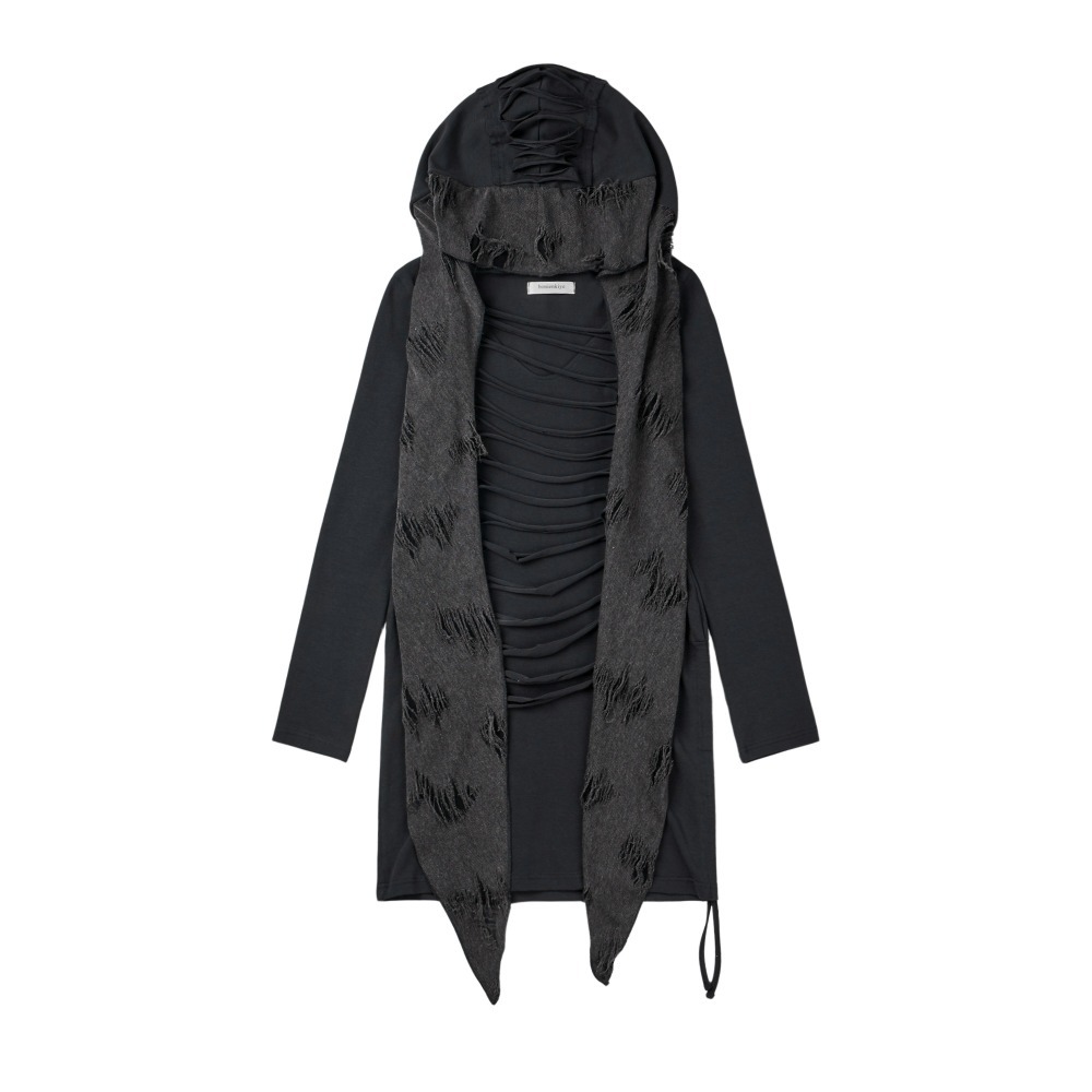 Distressed Hood Scarf Dress (Charcoal) - bonienkiye