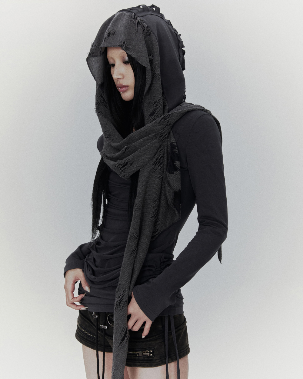 Distressed Hood Scarf Dress (Charcoal) - bonienkiye