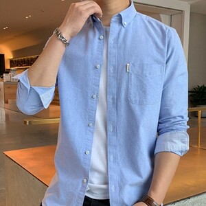 남자 긴팔티 소매 롤업 코튼 남성 셔츠 사계절 남방 와이셔츠