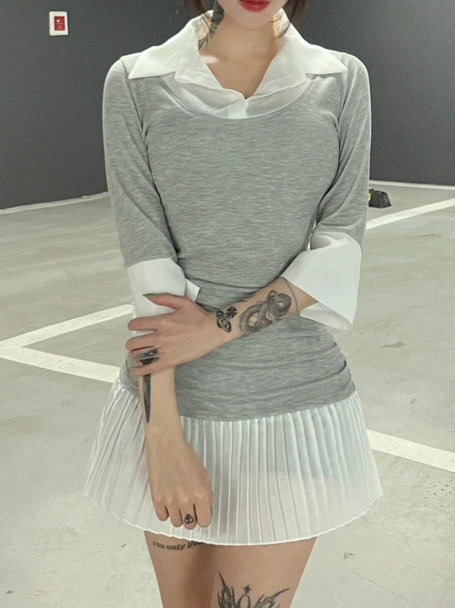 [국내제작/몸매보정]Shirt frill short sleeve dress
