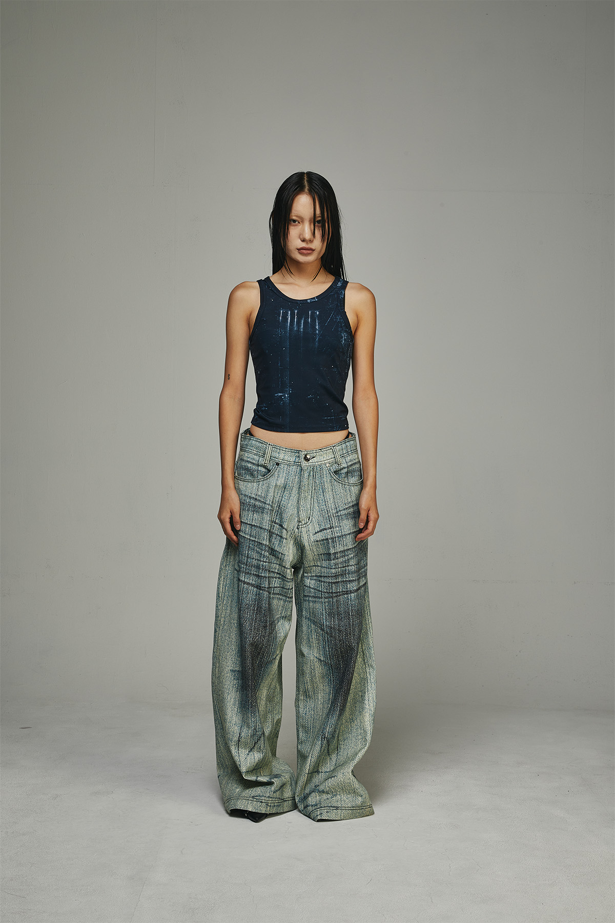 【BLR】Green Printed Wide Denim Pants 비엘알(BLR) Green Printed Wide Denim Pants - 사이즈 & 후기