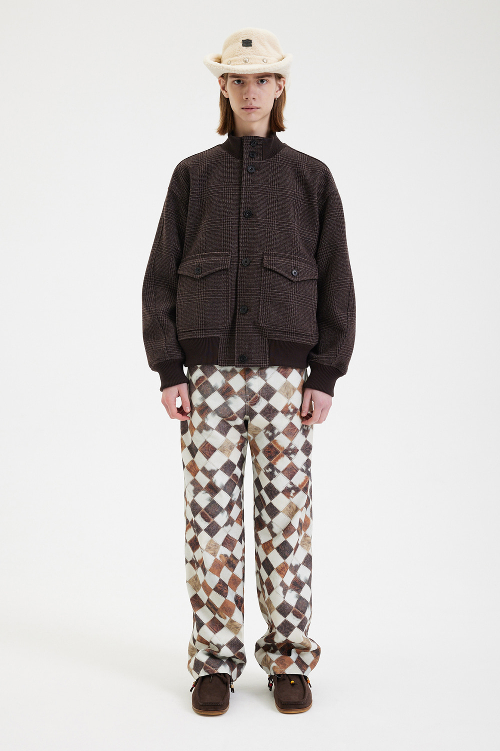 【AFTER PRAY】High-Neck Wool Blouson Brown A-1 Wool Blouson Brown Check - AFTER PRAY