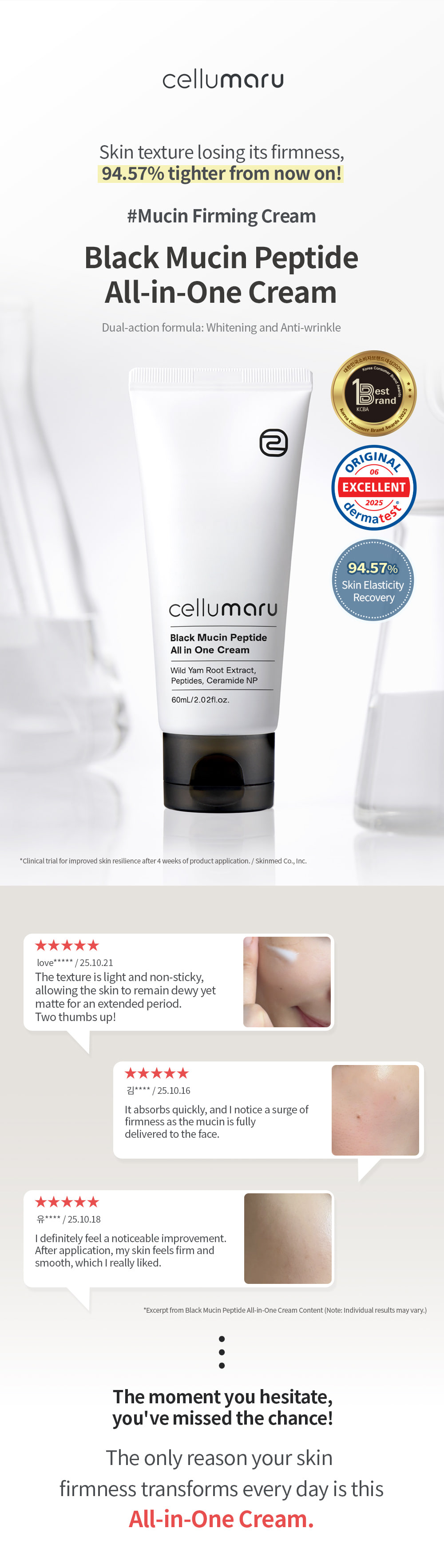 Black Mucin Peptide All-in-One Cream benefits for firming hydration and elasticity