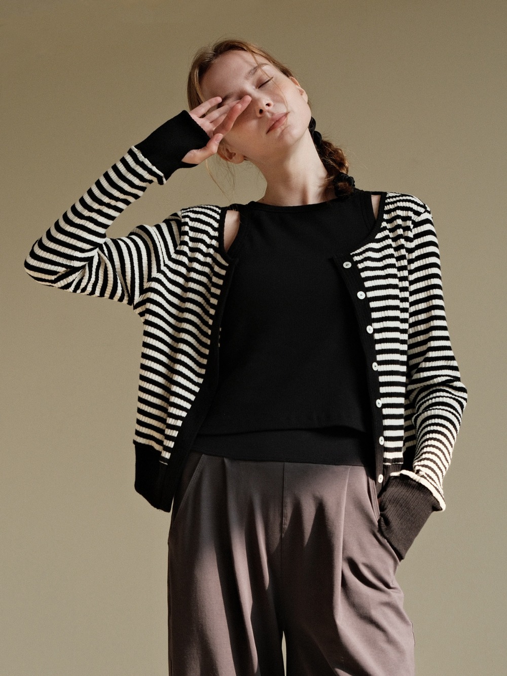 Boat neck warmer cardigan - black stripe