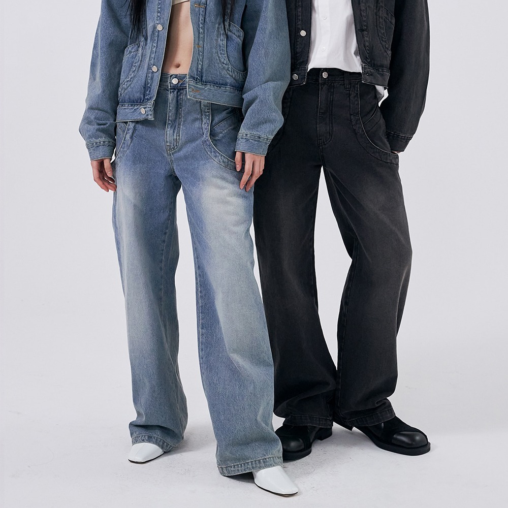 ★【WOOALONG】★Washing curve pocket wide denim pant.s★ Washing curve pocket wide denim pants (워싱 커브 포켓 와이드