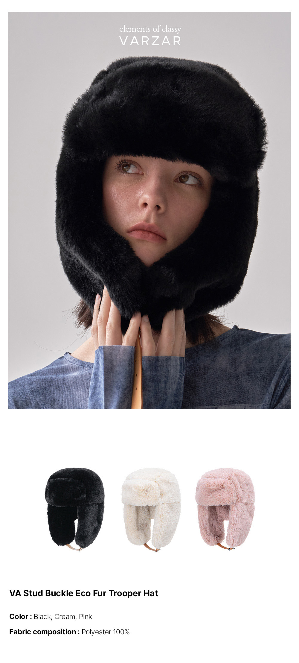[VARZAR] VA Stud Buckle Eco Fur Trooper Hat (3color)☆公式☆ VA Stud Buckle Eco Fur Trooper Hat / Pink - VARZAR | 60